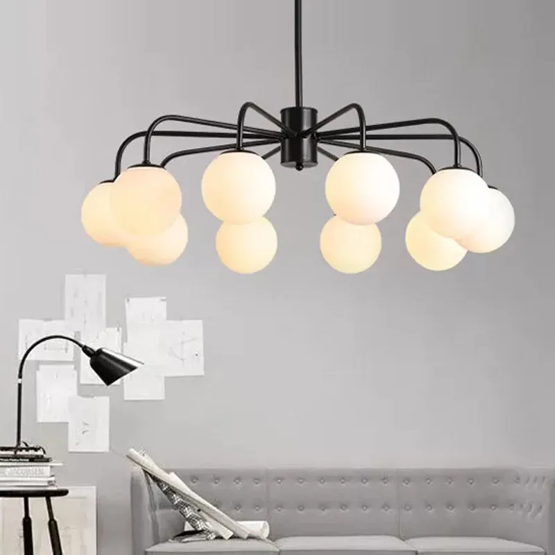 Modern White Glass Globe Chandelier with Radial Design - 6/8/10 Lights, Hanging Ceiling Light, Curved Arm