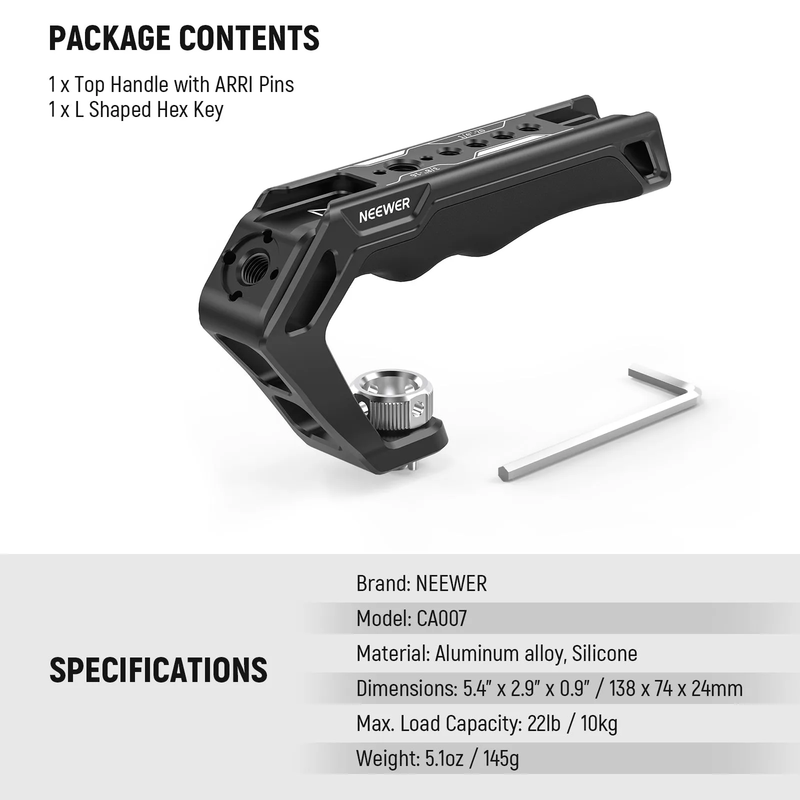 NEEWER CA007 Camera Top Handle with 3/8" ARRI Locating Pins
