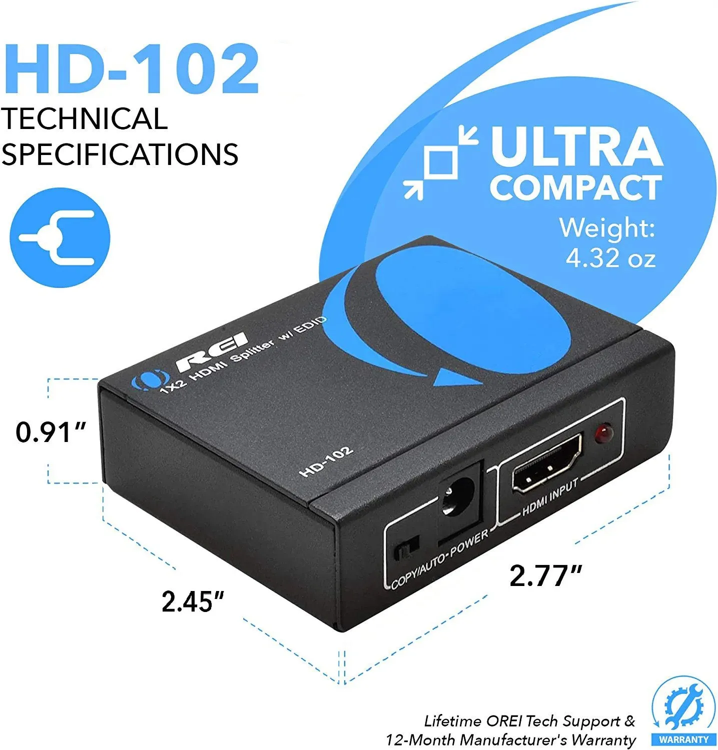 OREI HD-102: 1x2 HDMI USB Splitter - Full HD 1080P - 4K  & 3D Support