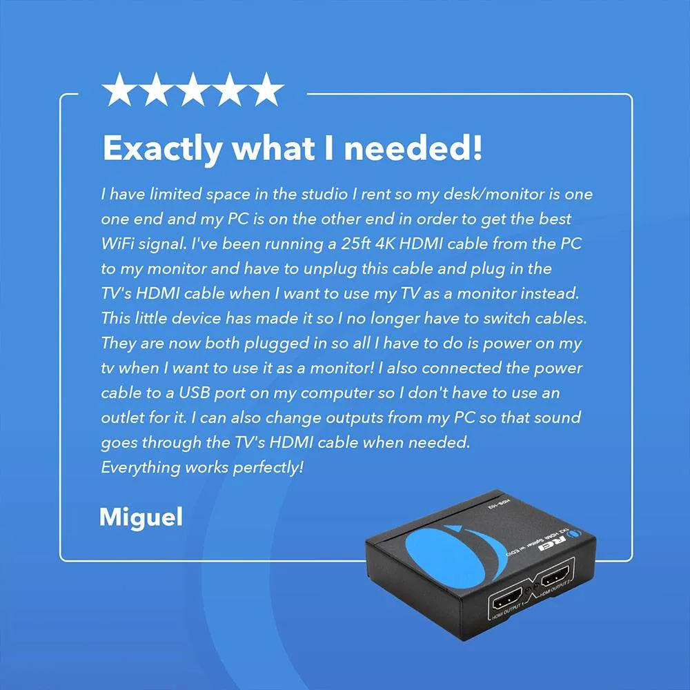 OREI HD-102: 1x2 HDMI USB Splitter - Full HD 1080P - 4K  & 3D Support