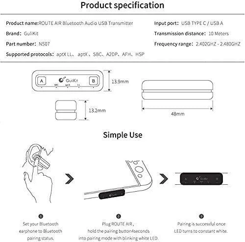 Premium Bluetooth Adapter Route air Pro Support in-Game Voice Chat compatible with Nintendo Switch, Nintendo Switch Lite, PS4 and Laptops