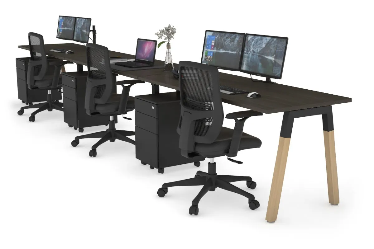 Quadro A Legs 3 Person Run Office Workstation - Wood Legs Cross Beam [1600L x 700W]