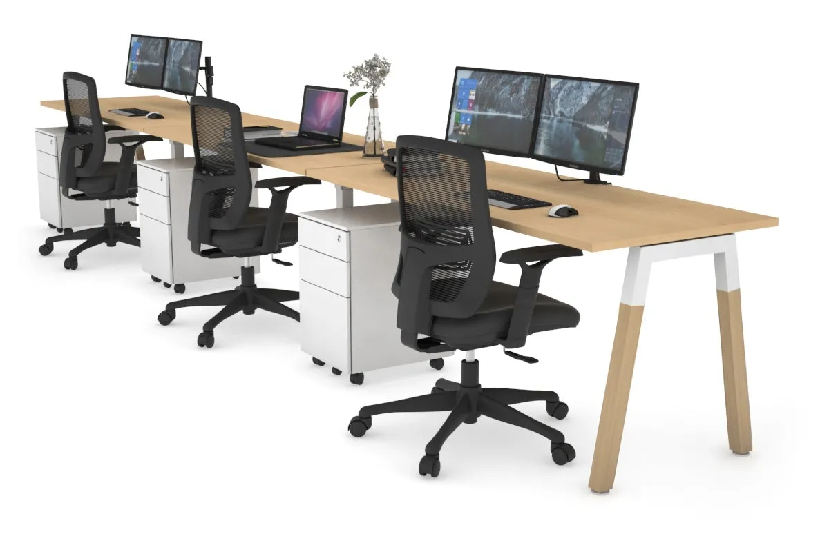 Quadro A Legs 3 Person Run Office Workstation - Wood Legs Cross Beam [1600L x 700W]