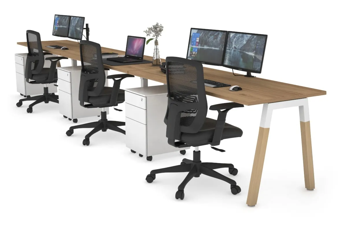 Quadro A Legs 3 Person Run Office Workstation - Wood Legs Cross Beam [1600L x 700W]