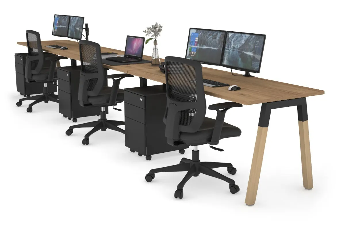 Quadro A Legs 3 Person Run Office Workstation - Wood Legs Cross Beam [1600L x 700W]
