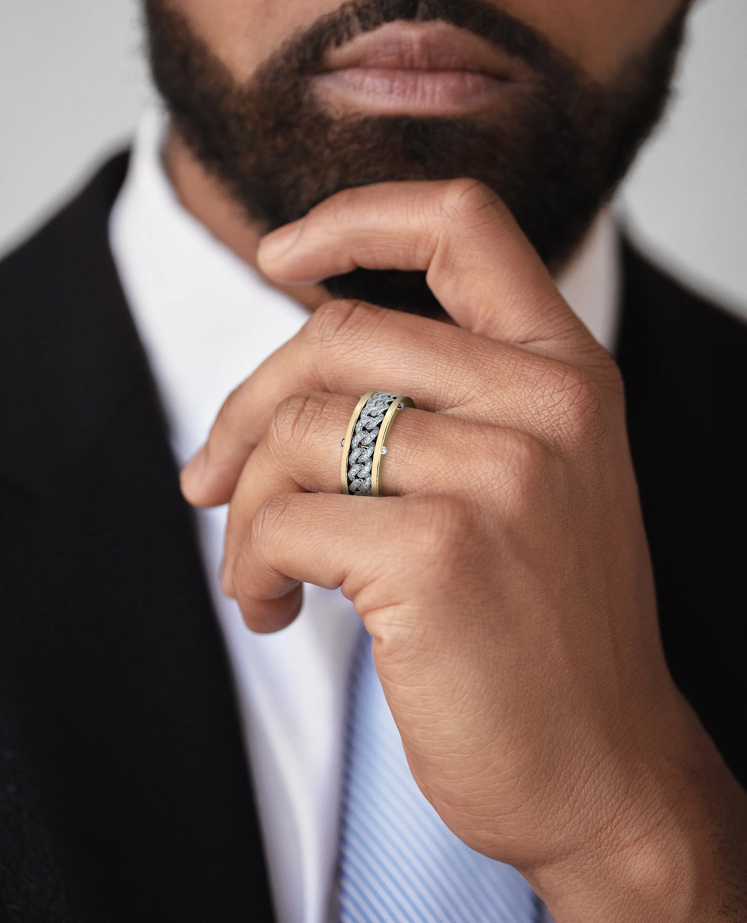 Ready to Ship - KENSINGTON Two Tone Gold Cuban Link Ring with 0.65ct Diamonds