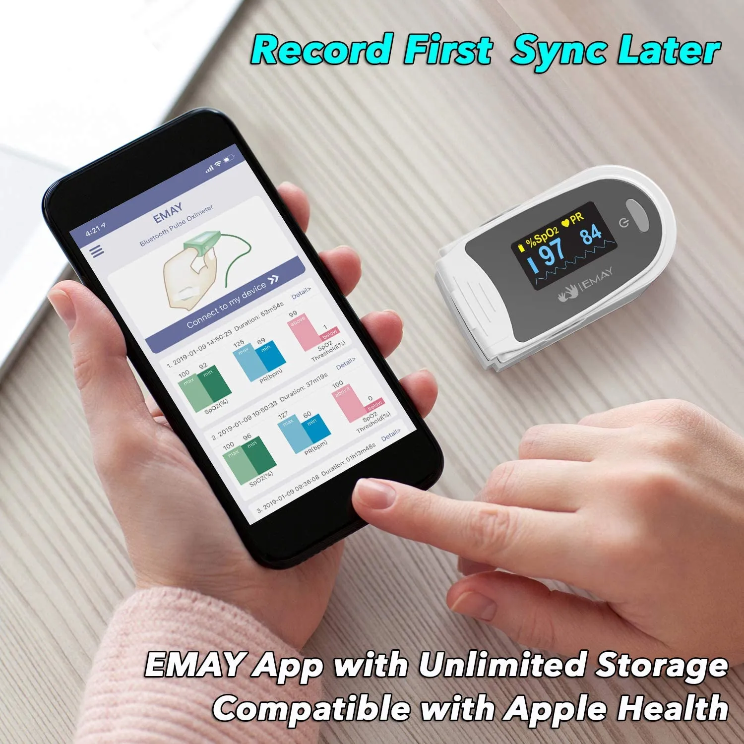 Sleep Oxygen Monitor with App for iPhone & Android | Track Overnight & Continuous Blood Oxygen Saturation Level & Heart Rate