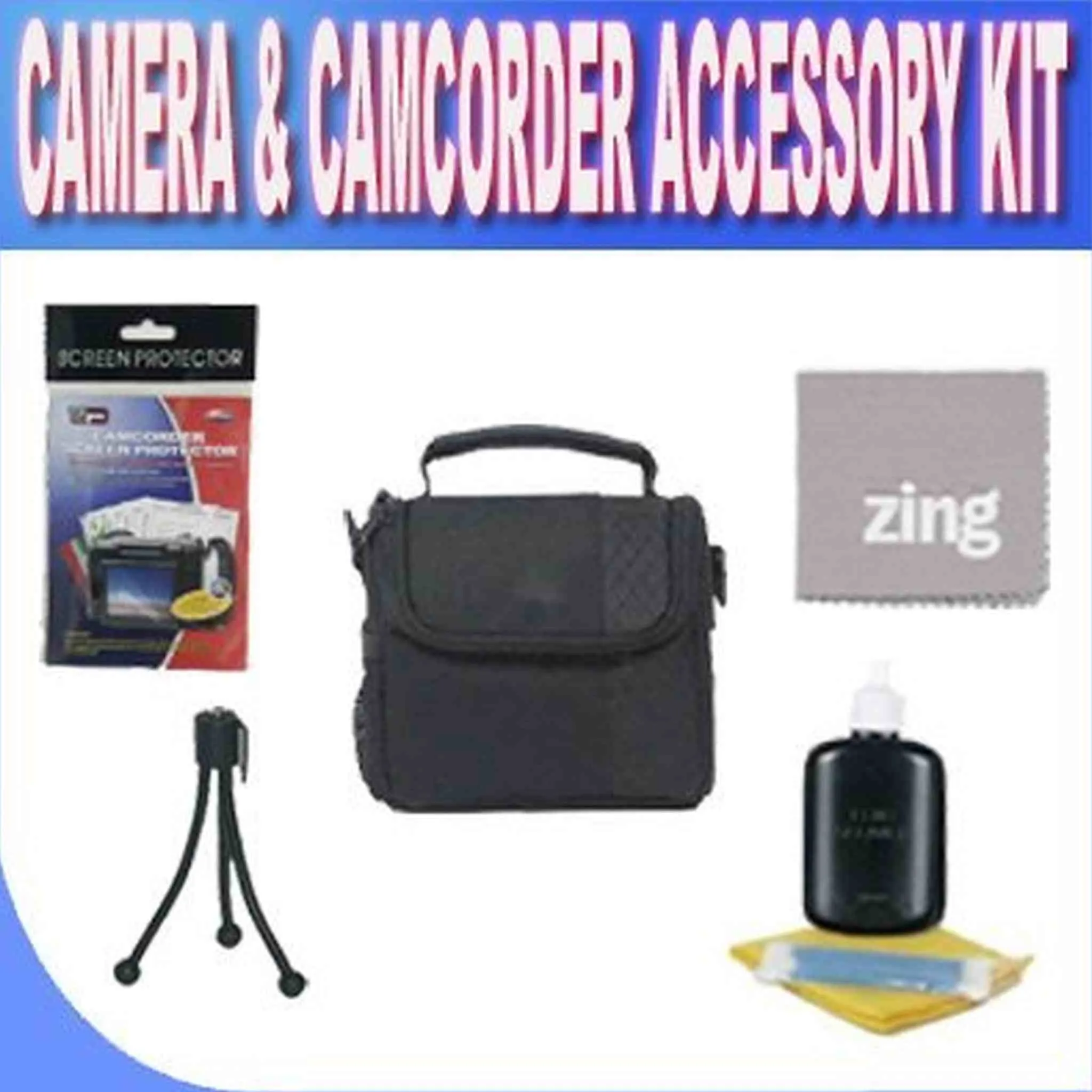 SLR Deluxe Soft Medium Camera and Video Bag   LCD screen Protectors   Table Size Tripod   Zing Micro Fiber Cleaning Cloth  Camera/Video Cleaning Accessory Kit!!!