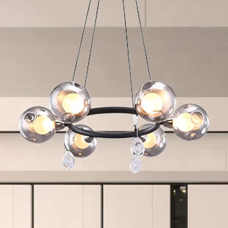 Smoke Glass Ball Chandelier with LED Lights in Black - Modernist Dimpled Design (6/8 Lights)