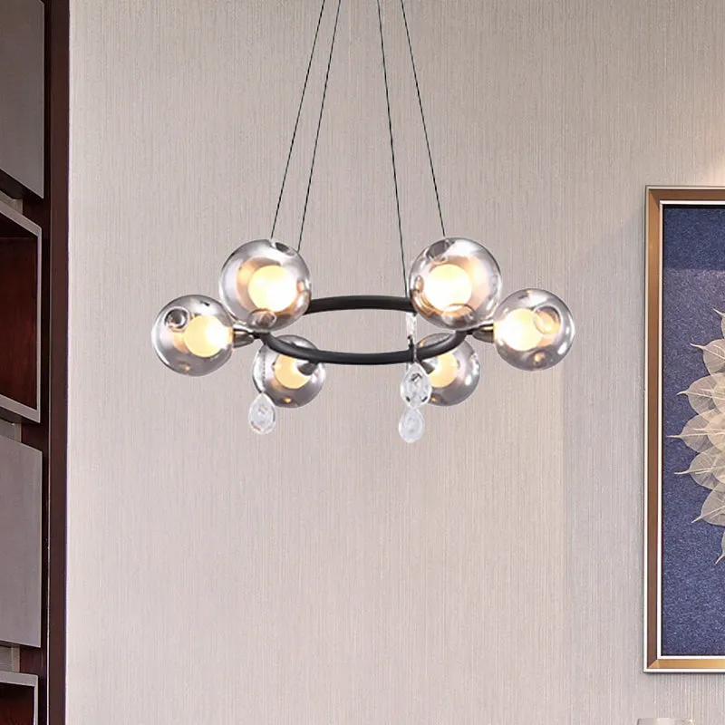 Smoke Glass Ball Chandelier with LED Lights in Black - Modernist Dimpled Design (6/8 Lights)