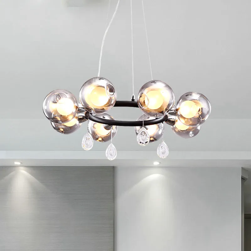 Smoke Glass Ball Chandelier with LED Lights in Black - Modernist Dimpled Design (6/8 Lights)