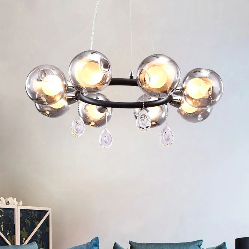Smoke Glass Ball Chandelier with LED Lights in Black - Modernist Dimpled Design (6/8 Lights)