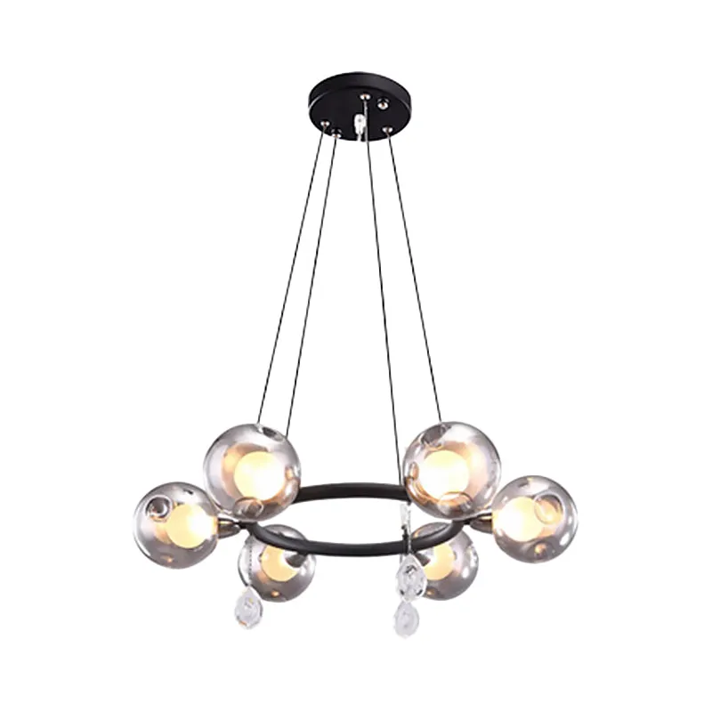 Smoke Glass Ball Chandelier with LED Lights in Black - Modernist Dimpled Design (6/8 Lights)