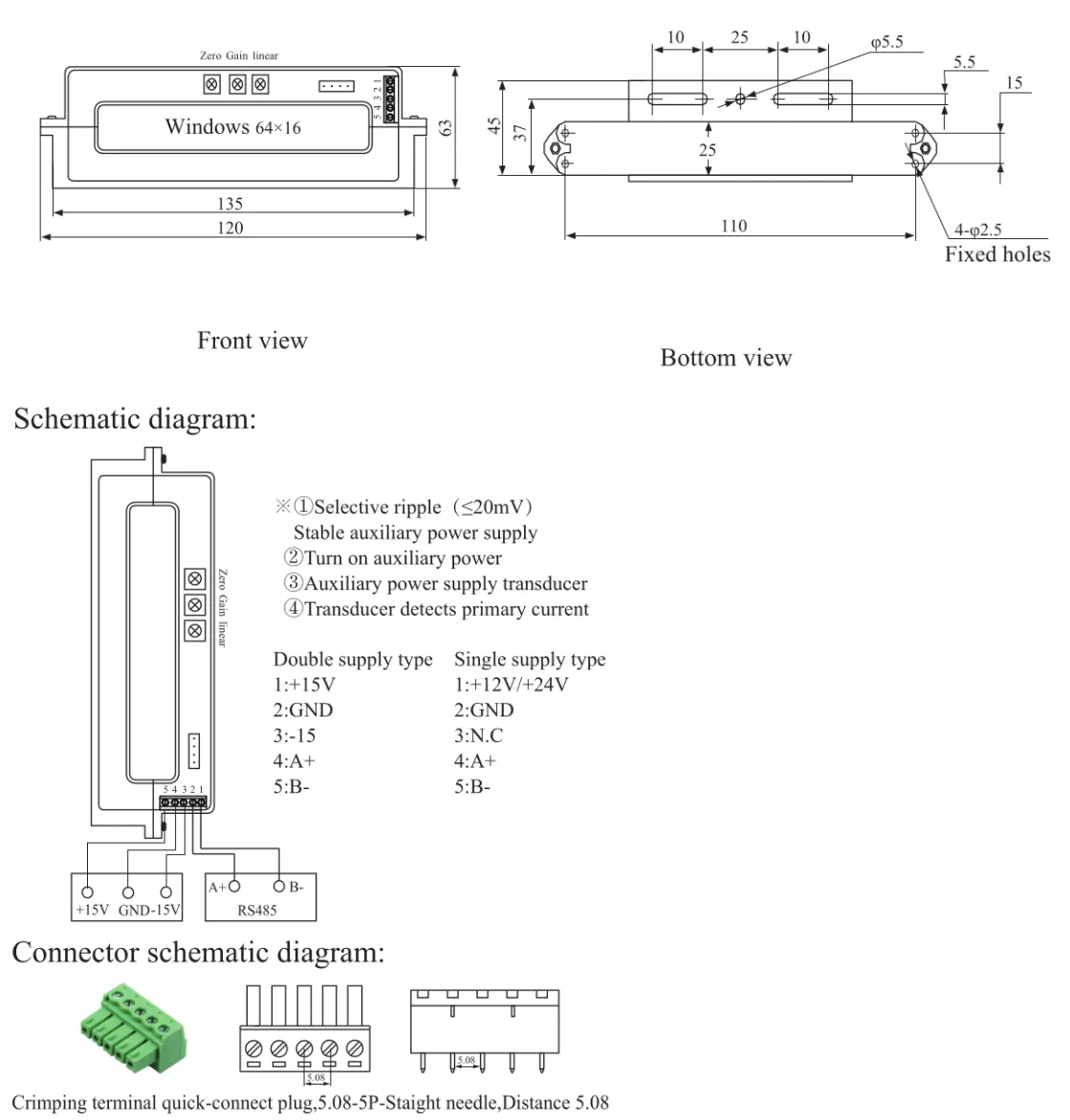 THST6416D-24-850-RS485, Split Core Bipolar Hall Effect DC Current Transducer,  /-850 Amp DC, RS485 Modbus RTU output, 64x16mm aperture, 24VDC supply