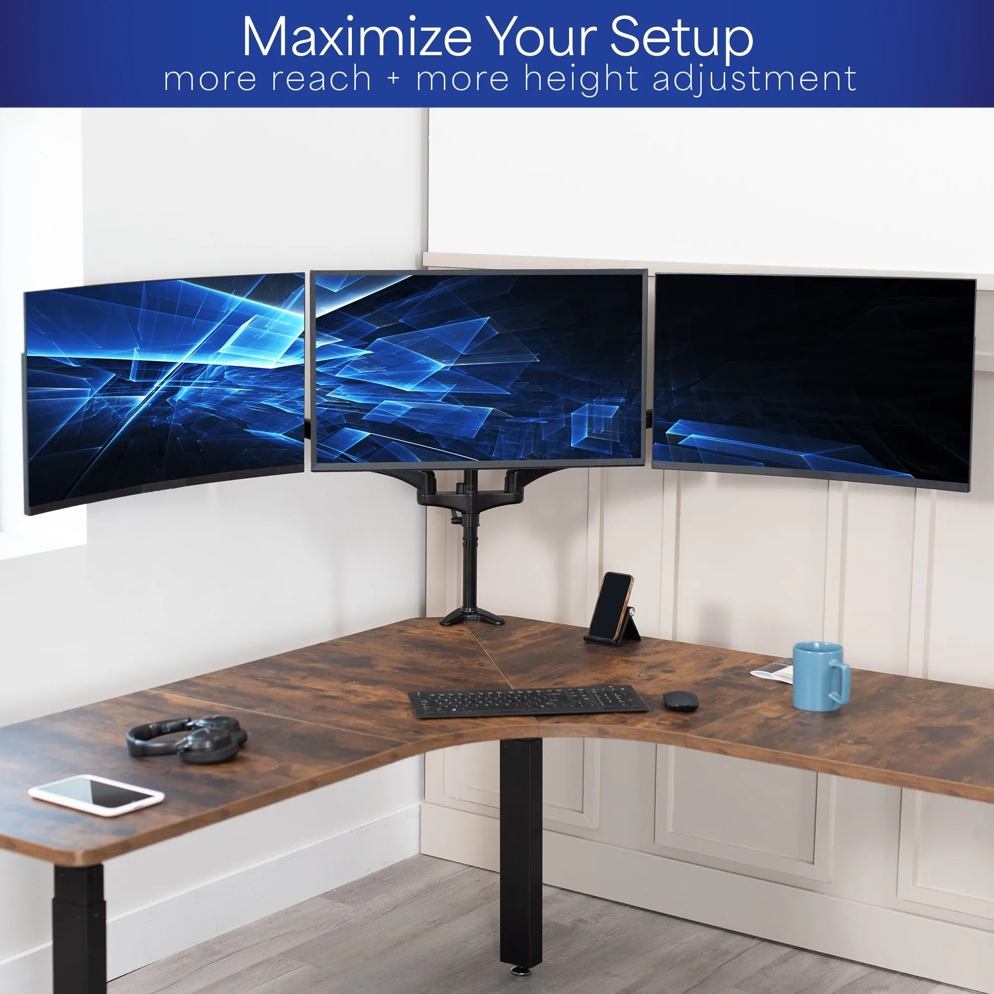 Triple Monitor Desk Mount (2 Pneumatic Arms   1 Fixed)