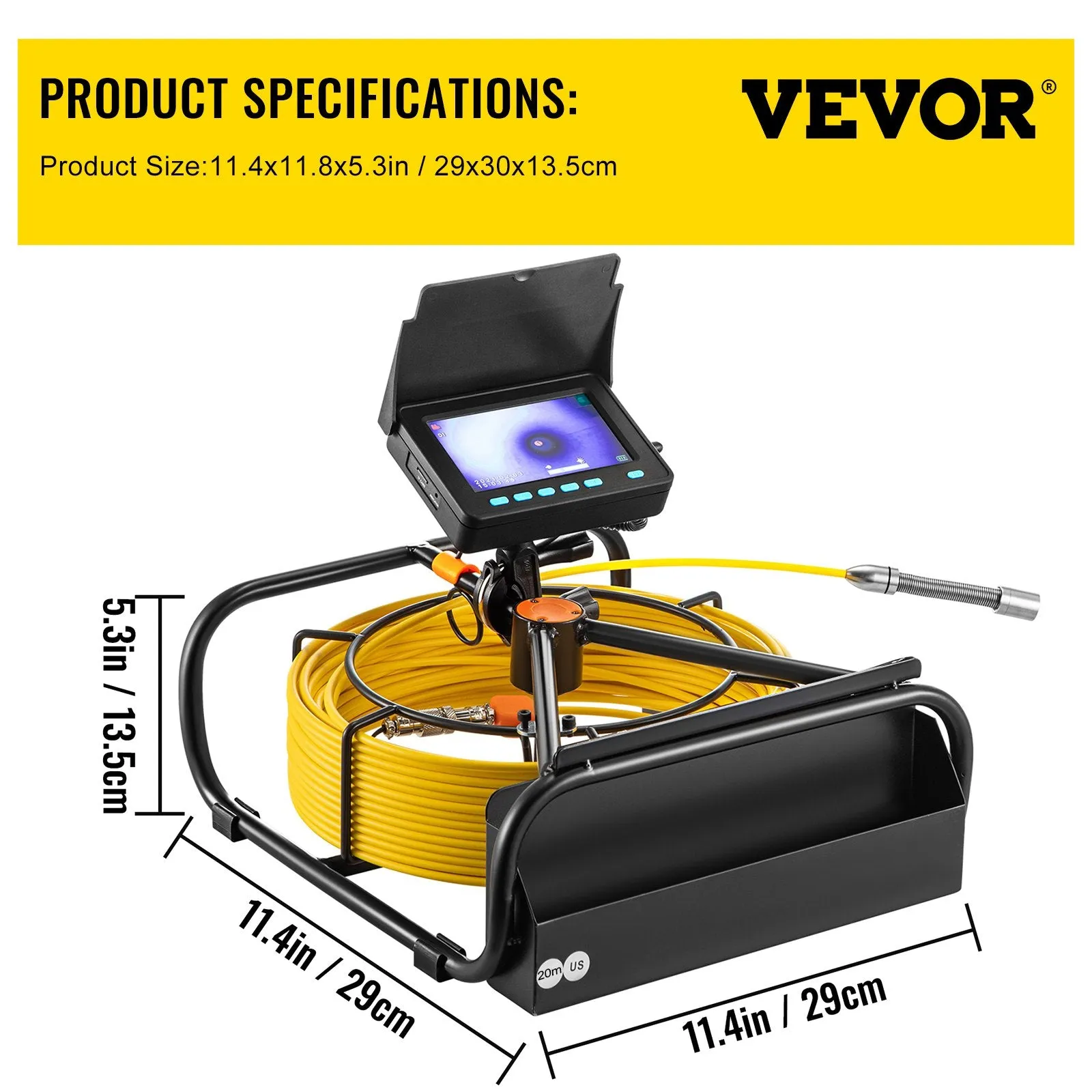 Vevor Sewer Camera 65.6' 20m 4.3" Pipe Drain Inspection DVR Function LED Lights New